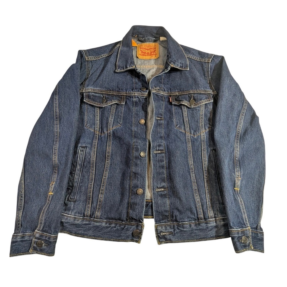 Levi Cotton Denim Trucker Jacket M Dark Blue Wash Button Front Pocket Trucker
